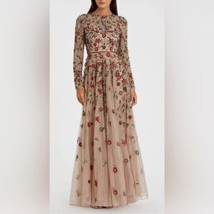 Mac Duggal Beige Embellished High Neck Long Sleeve A Line Gown Plus Sz 20 HEMMED